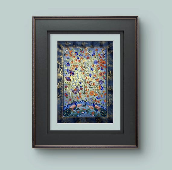 Tree of Paradise - Hoopoe Bird Miniature Painting on Antique Fine Silk Paper | Central Asian Cultural Heritage | Luxury Home Decor (MATTED)