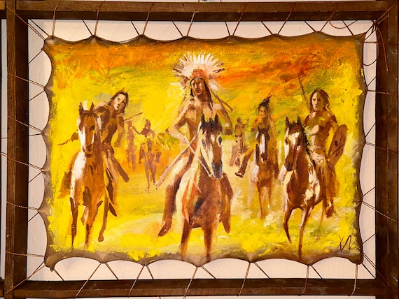 Art Fine Oil Painting Leather Art Wooden Handmade Native American Art Portrait Horse
