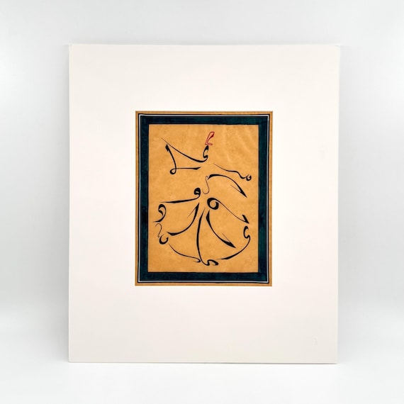 Dancing Dervish - Islamic World Sufism Inspired Calligraphy Art Work | Handcrafted Fine Silk Paper | Unique Interior Decoration (UNFRAMED)