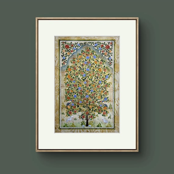 Tree of Paradise - Hoopoe Bird Miniature Painting on Antique Fine Silk Paper | Central Asian Cultural Heritage | Luxury Home Decor (MATTED)