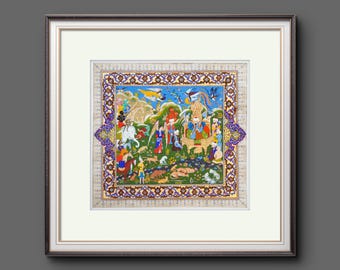 Art Fine Miniature painting Ornamental painting Illustration Manuscript Prophet “The Gathering at Solomons Throne” Exclusive piece of Art.
