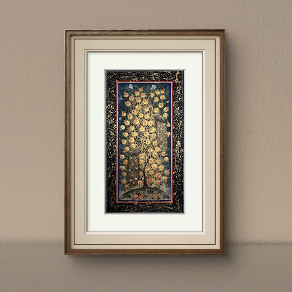 Tree of Paradise - Hoopoe Bird Miniature Painting on Antique Fine Silk Paper | Central Asian Cultural Heritage | Luxury Home Decor (MATTED)