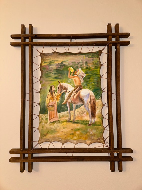 Art Fine Oil Painting Leather Art Wooden Handmade Native American Art Portrait Horse