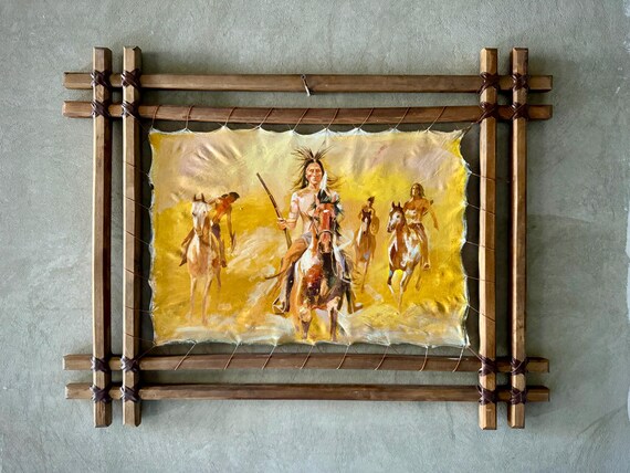 Timeless Spirit of the Great Plains – Oil Painting on Stretched Leather with Rustic Wooden Frame, A Tribute to Native American Heritage Art