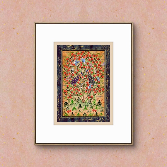 Tree of Paradise - Hoopoe Bird - Pomegranates Miniature Painting on Paper | Central Asian Cultural Heritage | Luxury Home Decor Art (MATTED)