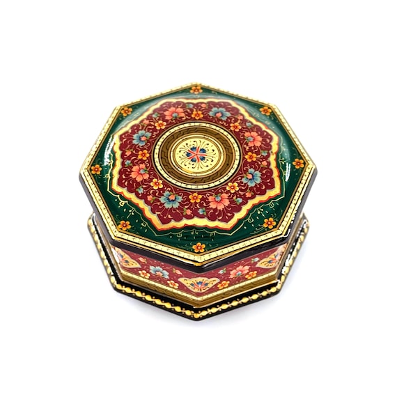 Handcrafted Octagonal Jewelry Box-Gold Leaf Elegance | Vintage Style Inspired Ornament Painting-Lacquered Luxury Velvet-Lined | Unique Gift