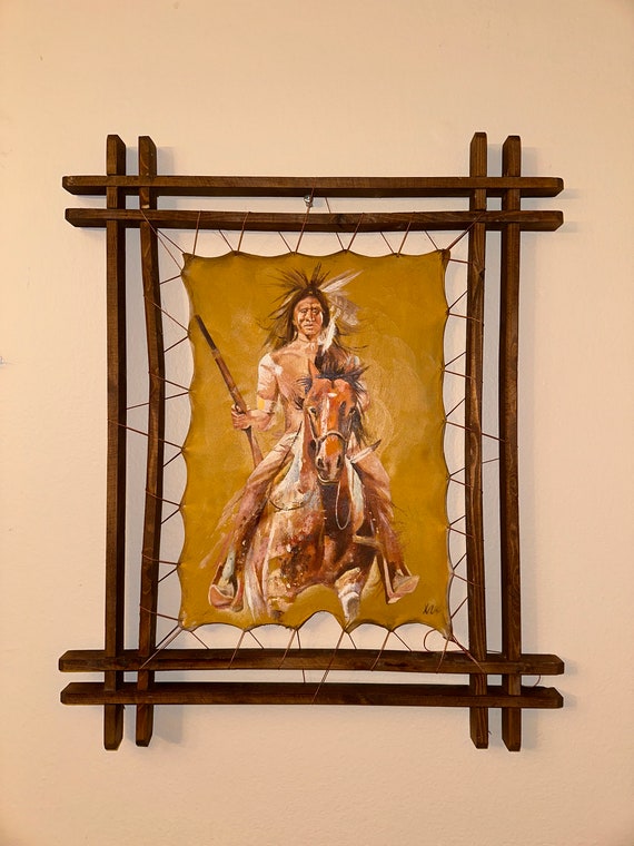 Art Fine Oil Painting Leather Art Wooden Handmade Native American Art Portrait Horse