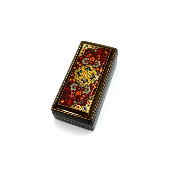 Papier-Mache Lacquered Jewelry Box - Handcrafted Ultra Fine Patterns over Gold Leaf Plated Elegance | Luxury Velvet-Lined | Unique Tiny Box