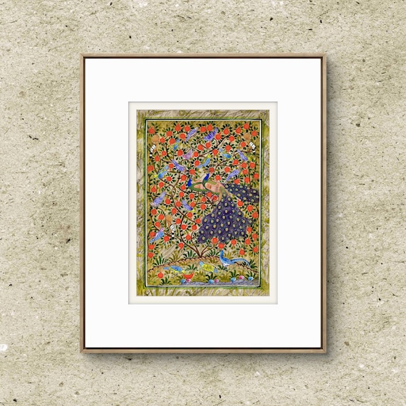 Tree of Paradise - Hoopoe Bird - Pomegranates Miniature Painting on Paper | Central Asian Cultural Heritage | Luxury Home Decor Art (MATTED)