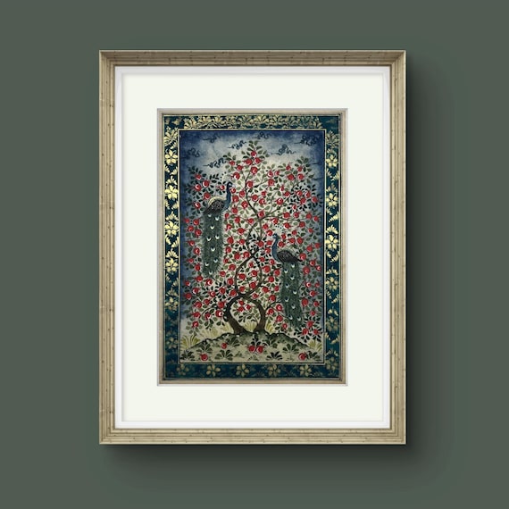 Tree of Paradise - Hoopoe Bird Miniature Painting on Antique Fine Silk Paper | Central Asian Cultural Heritage | Luxury Home Decor (MATTED)
