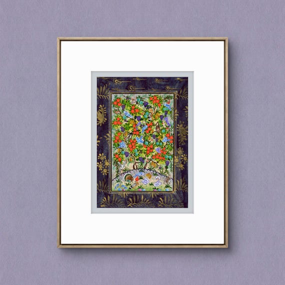 Tree of Paradise - Hoopoe Bird - Pomegranates Miniature Painting on Paper | Central Asian Cultural Heritage | Luxury Home Decor Art (MATTED)