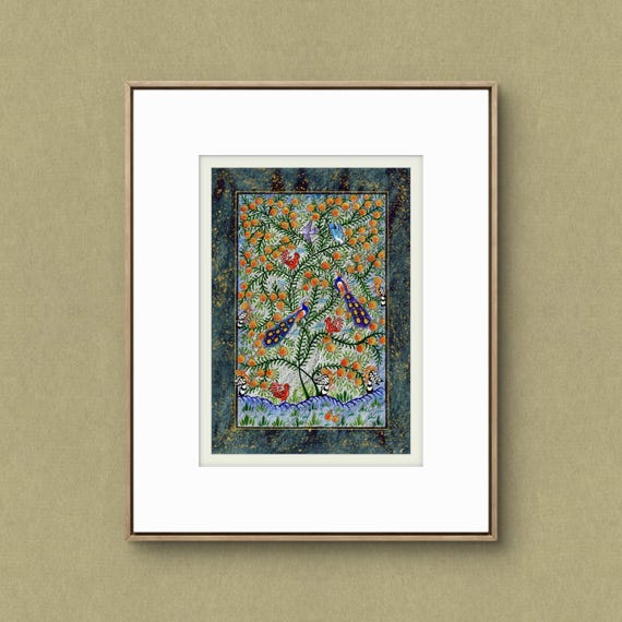 Tree of Paradise - Hoopoe Bird - Pomegranates Miniature Painting on Paper | Central Asian Cultural Heritage | Luxury Home Decor Art (MATTED)