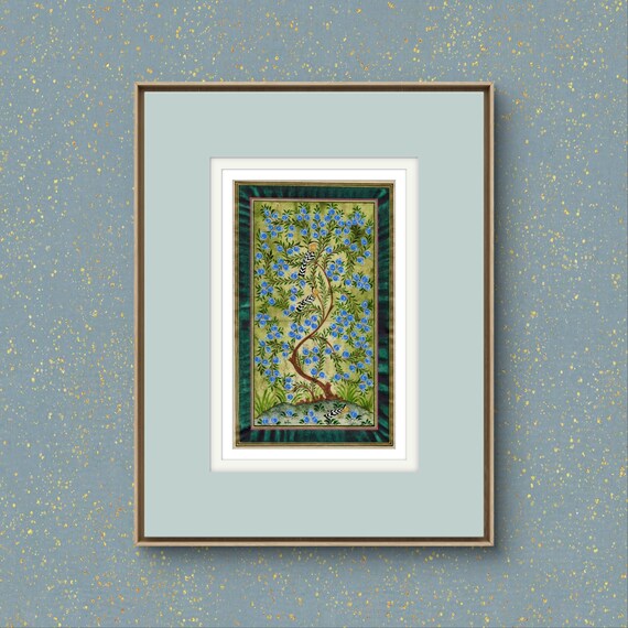 Tree of Paradise - Hoopoe Bird Miniature Painting on Antique Fine Silk Paper | Central Asian Cultural Heritage | Luxury Home Decor UNFRAMED