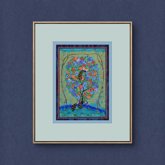 Tree of Paradise - Hoopoe Bird - Pomegranates Miniature Painting on Paper | Central Asian Cultural Heritage | Luxury Home Decor Art (MATTED)