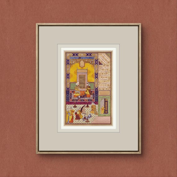 Bahram Gur in the Golden Pavilion - A Royal Scene from Nizami's Khamsa, Capturing the Elegance | Mysticism of Persian Miniature Art