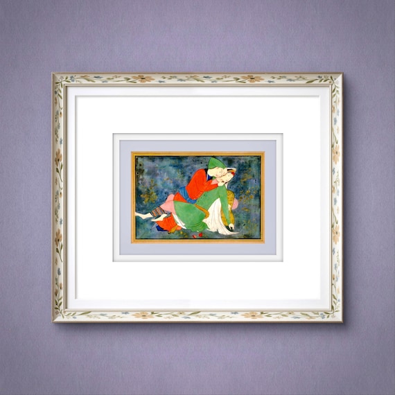 Embrace of Eternal Lovers - Persian Miniature Reproduction of Poetic Romance and Intimate Connection | Inspired by Classical Manuscript Art