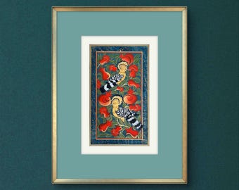 Tree of Paradise - Hoopoe Bird Miniature Painting on Antique Fine Silk Paper | Central Asian Cultural Heritage | Luxury Home Decor (MATTED)