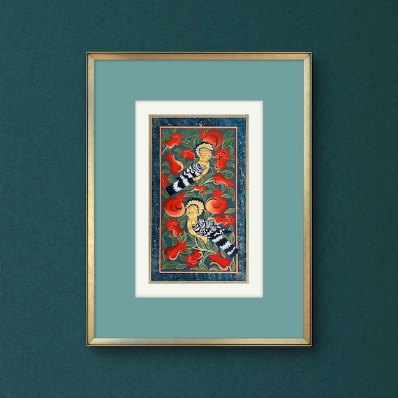 Tree of Paradise - Hoopoe Bird Miniature Painting on Antique Fine Silk Paper | Central Asian Cultural Heritage | Luxury Home Decor (MATTED)