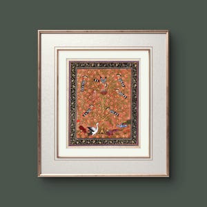 Tree of Paradise - Hoopoe Bird Miniature Painting on Antique Fine Silk Paper | Central Asian Cultural Heritage | Luxury Home Decor (MATTED)