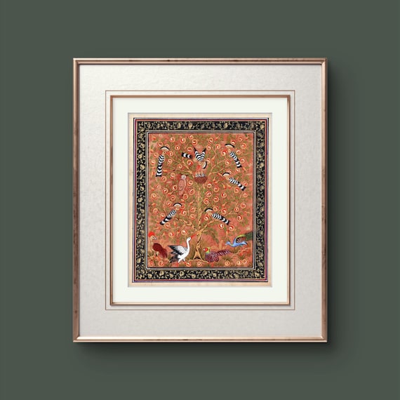 Tree of Paradise - Hoopoe Bird Miniature Painting on Antique Fine Silk Paper | Central Asian Cultural Heritage | Luxury Home Decor (MATTED)