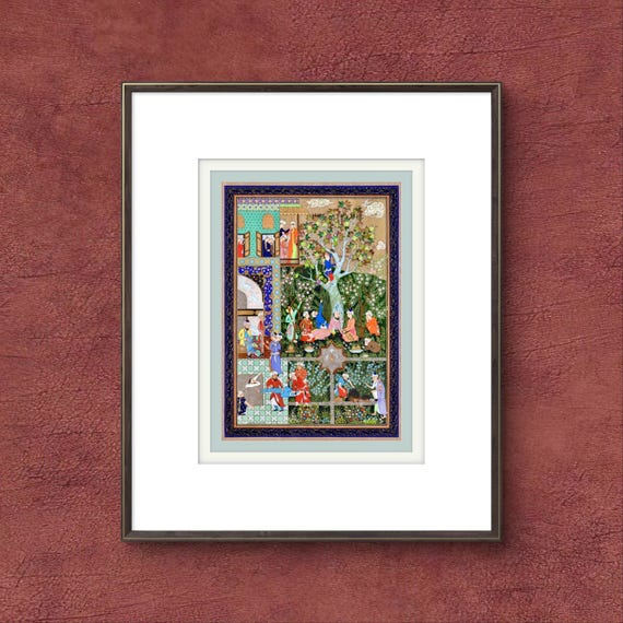 Feast in Babur's Gardens: A Majestic Scene from the Muraqqa-e Gulshan – An Imperial Album Inspired by the Culture of Mughal Emperor Jahangir