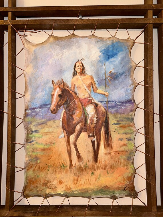 Art Fine Oil Painting Leather Art Wooden Handmade Native American Art Portrait Horse