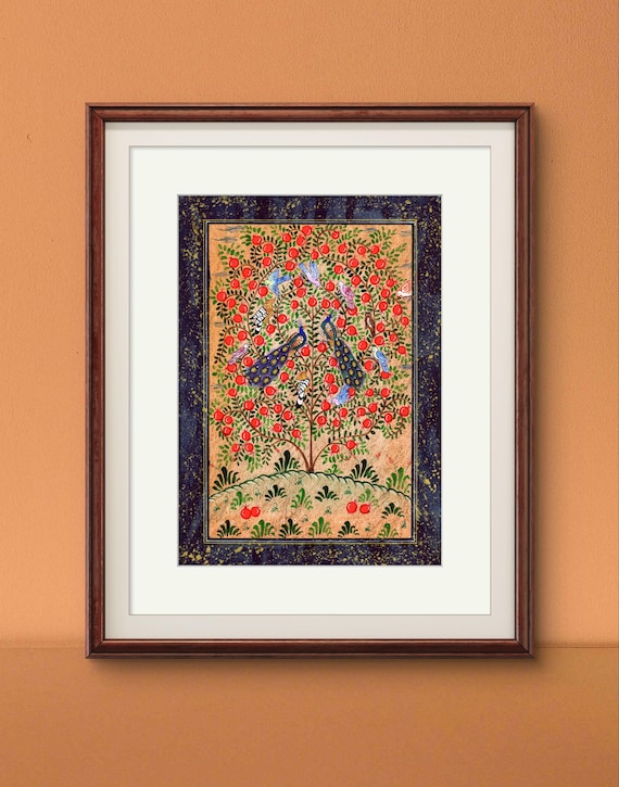 Tree of Paradise - Hoopoe Bird Miniature Painting on Antique Fine Silk Paper | Central Asian Cultural Heritage | Luxury Home Decor (MATTED)