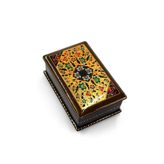 Papier-Mache Lacquered Jewelry Box - Handcrafted Ultra Fine Patterns over Gold Leaf Plated Elegance | Luxury Velvet-Lined | Unique Tiny Box