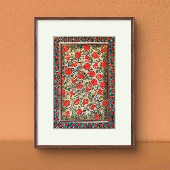 Tree of Paradise - Hoopoe Bird Miniature Painting on Antique Fine Silk Paper | Central Asian Cultural Heritage | Luxury Home Decor (MATTED)