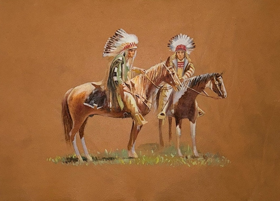 Art Fine Oil Painting Leather Art Wooden Handmade Native American Art Portrait Horse