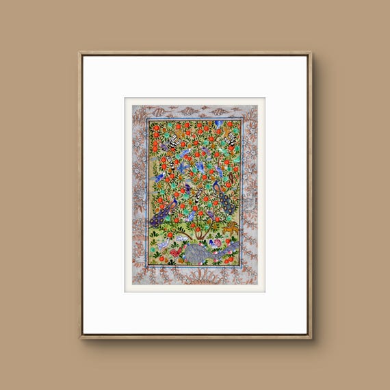 Tree of Paradise - Hoopoe Bird - Pomegranates Miniature Painting on Paper | Central Asian Cultural Heritage | Luxury Home Decor Art (MATTED)