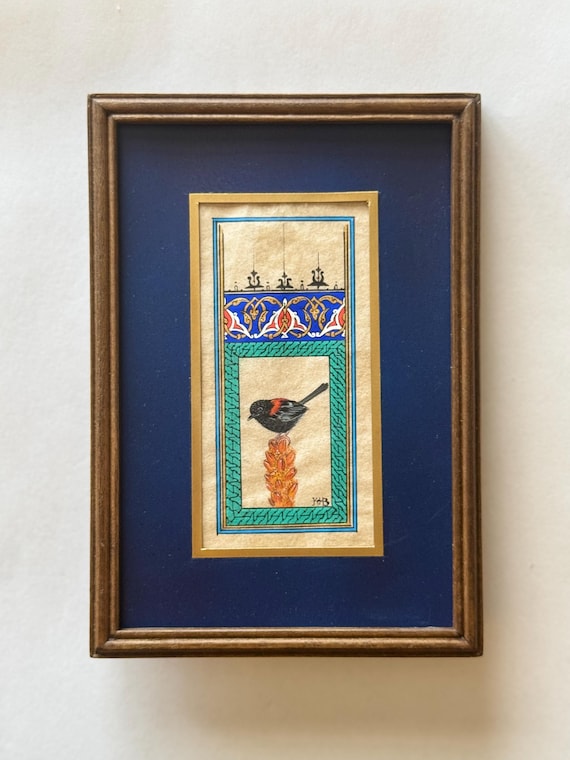 Ultra Fine Detailed Tiny Bird Painting - Exclusively Handcrafted Fine Walnut Frame | Luxury Interior Decoration - Micro Detailed Masterpiece