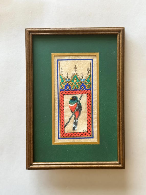 Ultra Fine Detailed Tiny Bird Painting - Exclusively Handcrafted Fine Walnut Frame | Luxury Interior Decoration - Micro Detailed Masterpiece