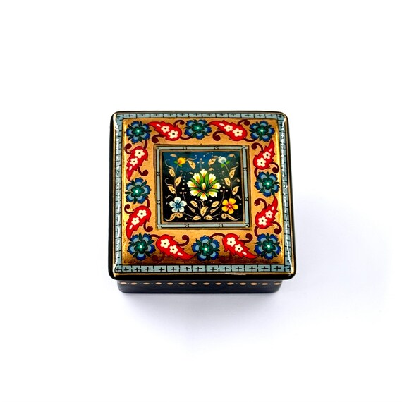 Papier-Mache Lacquered Jewelry Box - Handcrafted Ultra Fine Patterns over Gold Leaf Plated Elegance | Luxury Velvet-Lined | Unique Tiny Box