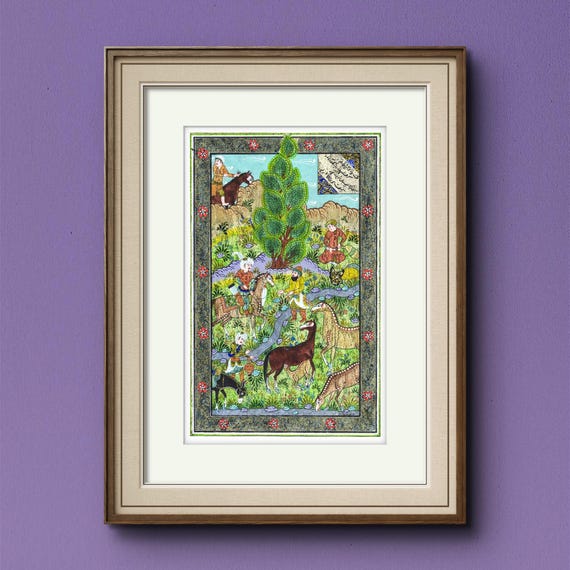 Art, Fine Art Miniature painting “ Scene from SHAHNAMEH “ Acrylic painting, Fine brush work Watercolor Ornamental painting (UNFRAMED)