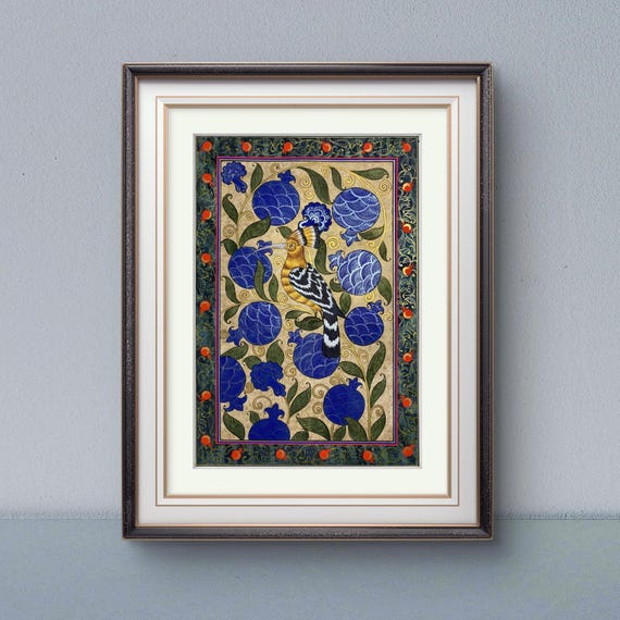 Tree of Paradise - Hoopoe Bird Miniature Painting on Antique Fine Silk Paper | Central Asian Cultural Heritage | Luxury Home Decor (MATTED)