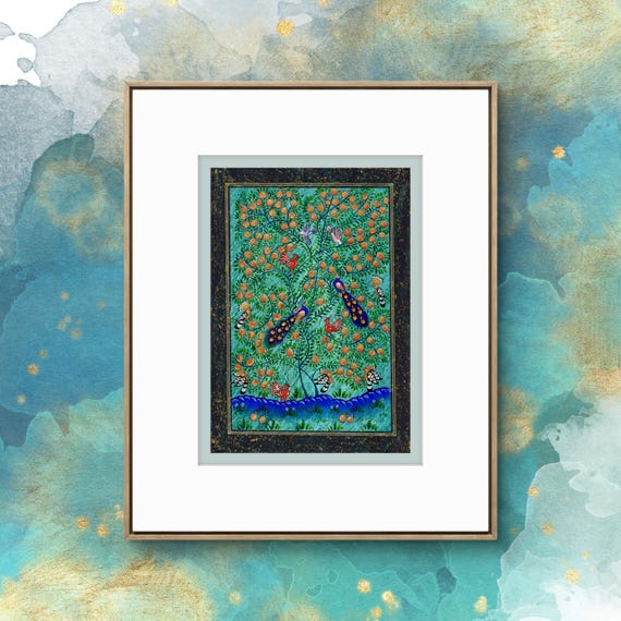 Tree of Paradise - Hoopoe Bird - Pomegranates Miniature Painting on Paper | Central Asian Cultural Heritage | Luxury Home Decor Art (MATTED)