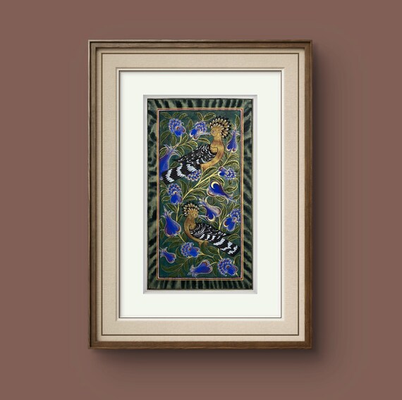 Tree of Paradise - Hoopoe Bird Miniature Painting on Antique Fine Silk Paper | Central Asian Cultural Heritage | Luxury Home Decor (MATTED)