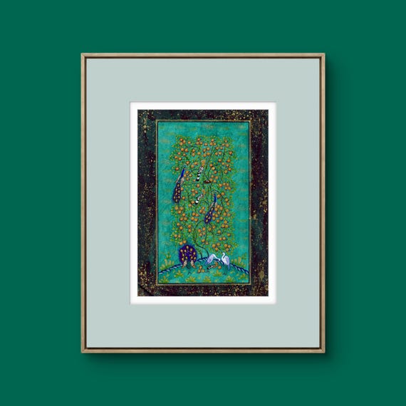 Tree of Paradise - Hoopoe Bird - Pomegranates Miniature Painting on Paper | Central Asian Cultural Heritage | Luxury Home Decor Art (MATTED)