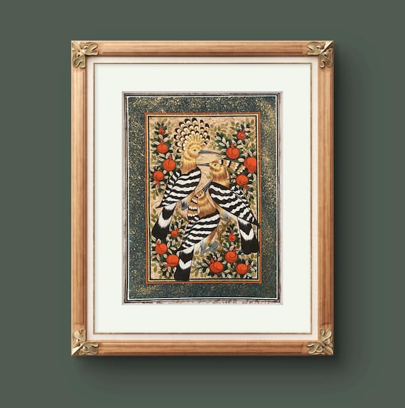 Tree of Paradise - Hoopoe Bird Miniature Painting on Antique Fine Silk Paper | Central Asian Cultural Heritage | Luxury Home Decor (MATTED)
