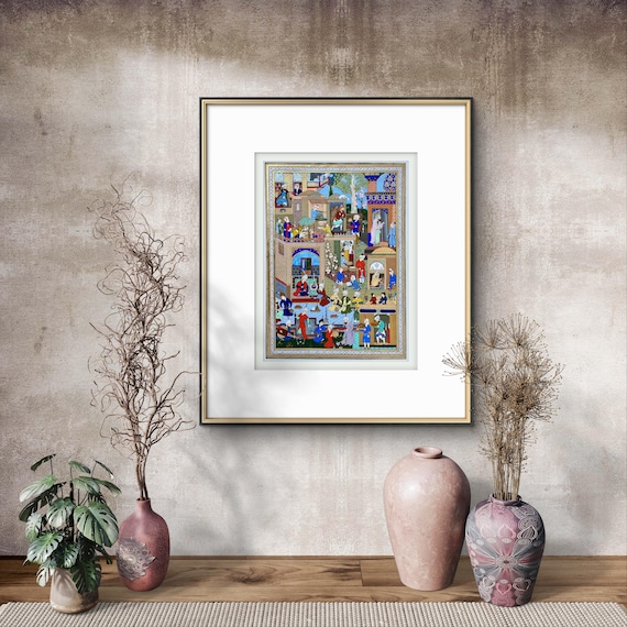 Nighttime in a City — Persian Miniature Manuscript Reproduction from the 16th-Century Tabriz School, After Mir Sayyid ‘Ali’s Luminous Vision