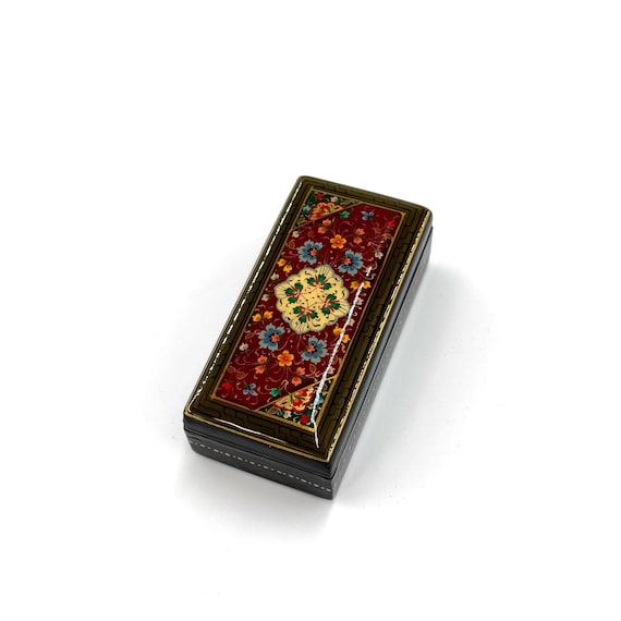 Papier-Mache Lacquered Jewelry Box - Handcrafted Ultra Fine Patterns over Gold Leaf Plated Elegance | Luxury Velvet-Lined | Unique Tiny Box