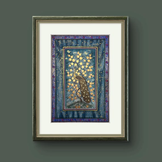 Tree of Paradise - Hoopoe Bird Miniature Painting on Antique Fine Silk Paper | Central Asian Cultural Heritage | Luxury Home Decor (MATTED)