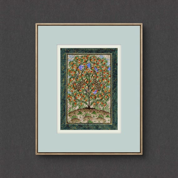 Tree of Paradise - Hoopoe Bird - Pomegranates Miniature Painting on Paper | Central Asian Cultural Heritage | Luxury Home Decor Art (MATTED)
