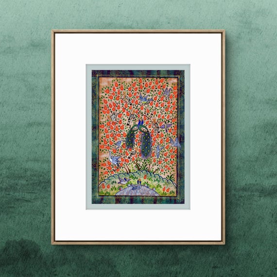 Tree of Paradise - Hoopoe Bird - Pomegranates Miniature Painting on Paper | Central Asian Cultural Heritage | Luxury Home Decor Art (MATTED)
