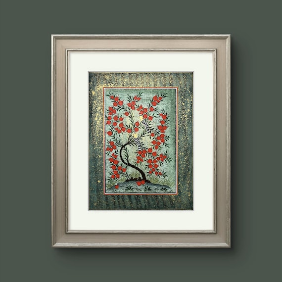 Tree of Paradise - Hoopoe Bird Miniature Painting on Antique Fine Silk Paper | Central Asian Cultural Heritage | Luxury Home Decor (MATTED)