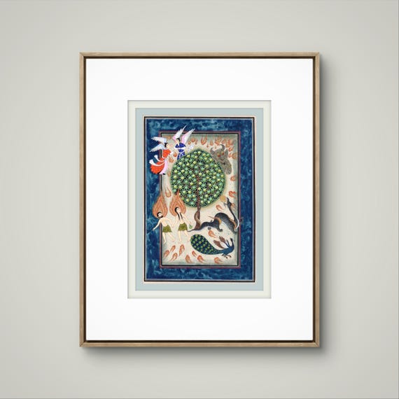 The Eternal Garden: The Divine Story of Adam and Eve's Fall from Paradise | Persian Miniature on Silk Paper | Luxury Islamic Art | UNFRAMED
