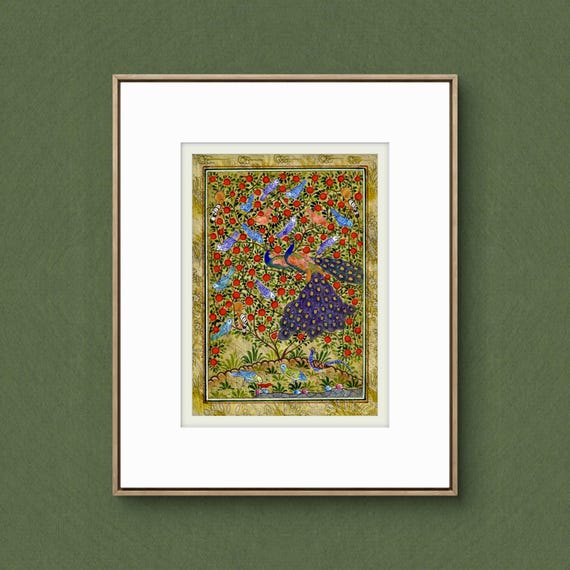 Tree of Paradise - Hoopoe Bird - Pomegranates Miniature Painting on Paper | Central Asian Cultural Heritage | Luxury Home Decor Art (MATTED)
