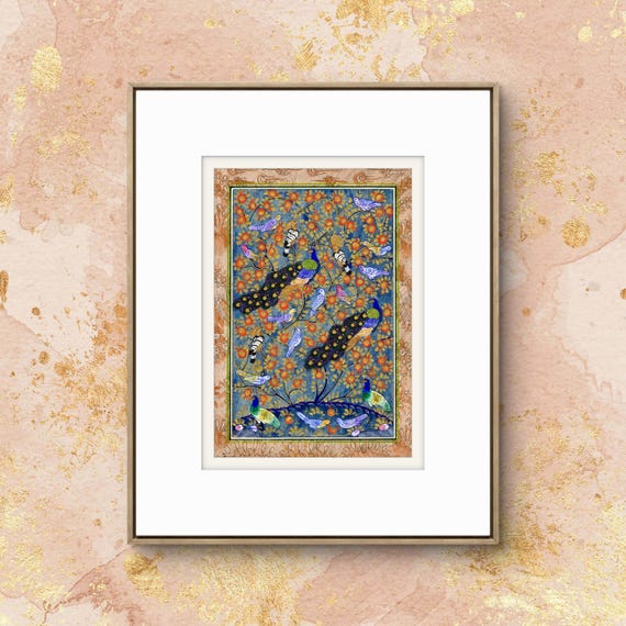 Tree of Paradise - Hoopoe Bird - Pomegranates Miniature Painting on Paper | Central Asian Cultural Heritage | Luxury Home Decor Art (MATTED)