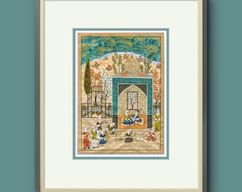 Bahram Gur in the Azure Pavilion - A Royal Scene from Nizami’s Khamsa, Capturing the Elegance, Symbolism, Mysticism of Persian Miniature Art